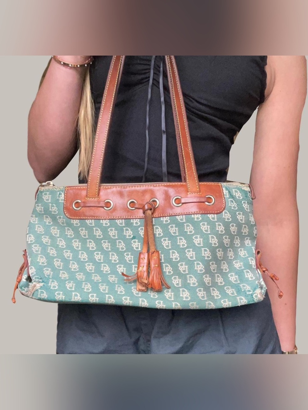 Dooney & Bourke Green Logo Canvas Tote with Brown Leather Trim